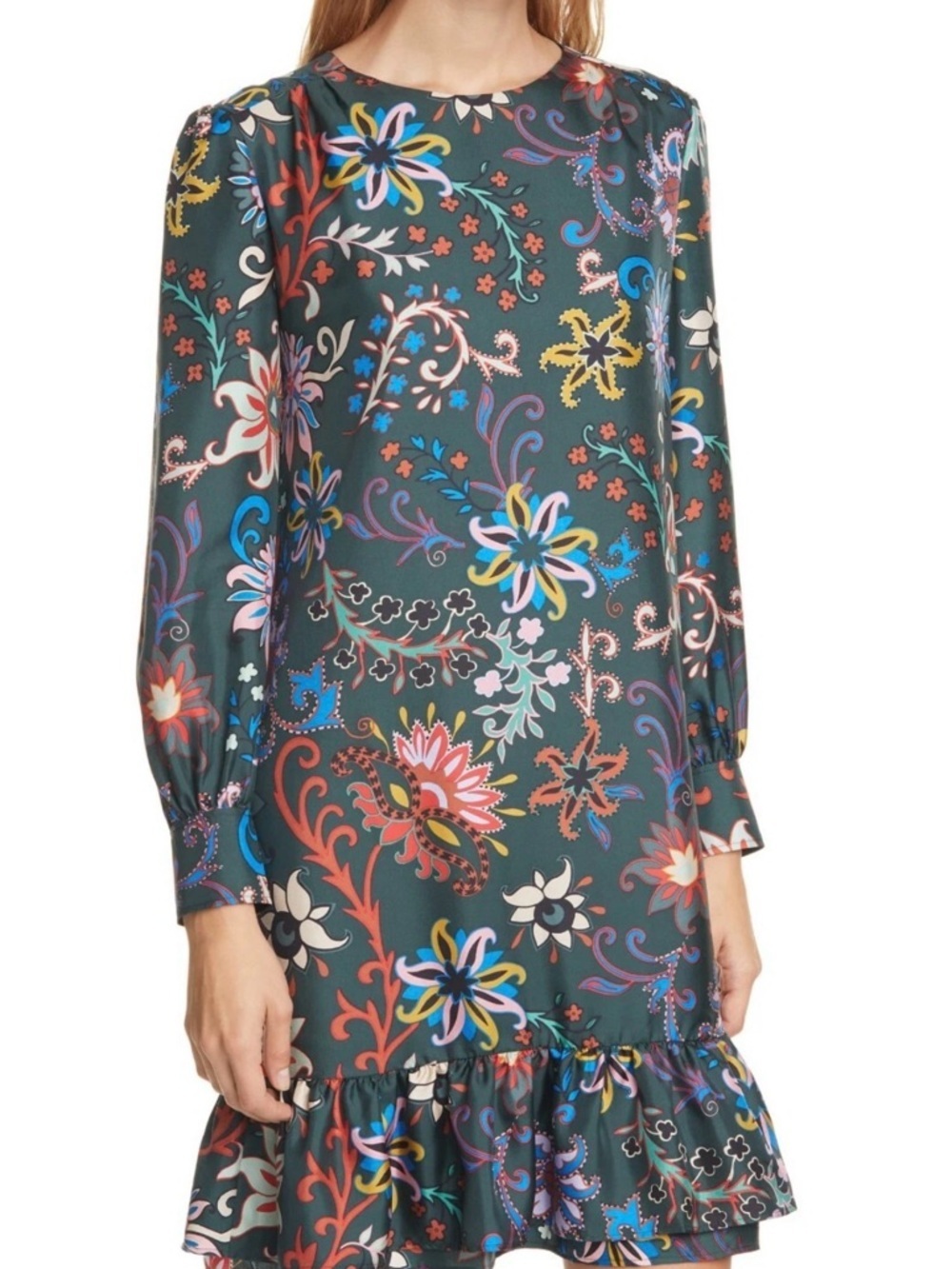 Tory Burch Green Belted Floral Print Silk Layered Ruffle Hem Dress Size 6 - Picture 4 of 7